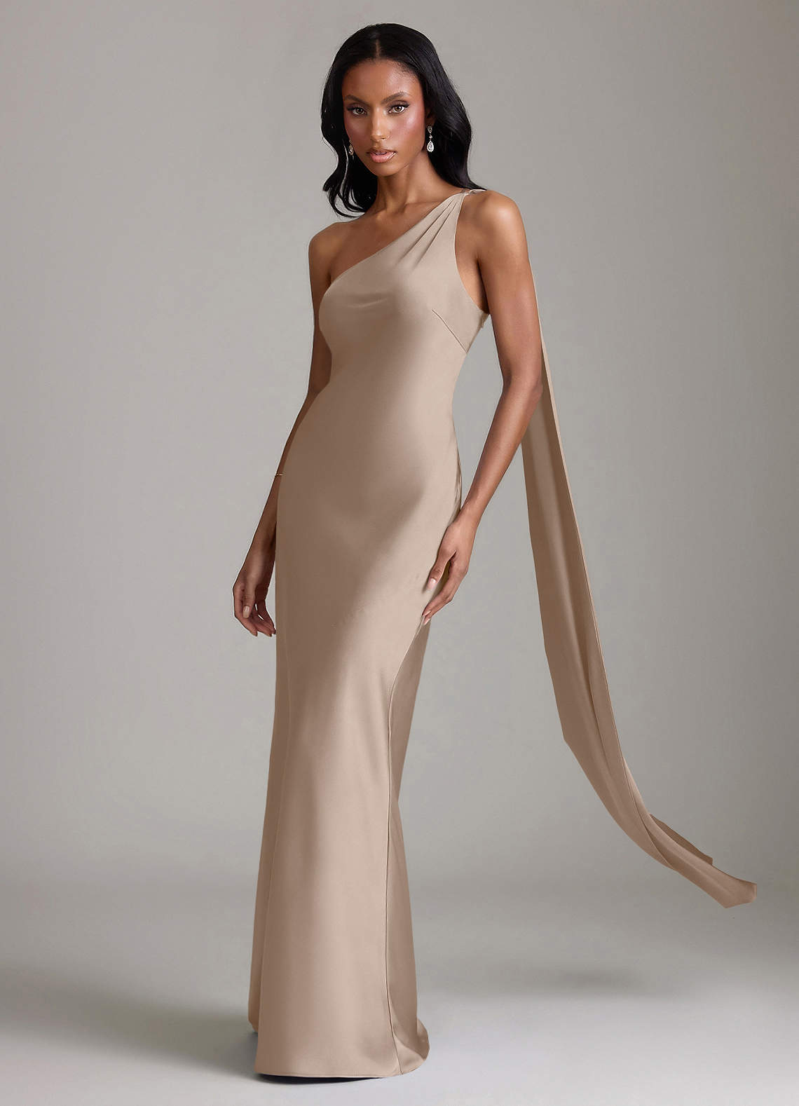 Juniper Mermaid One-Shoulder Stretch Satin Bridesmaid Dress in Taupe