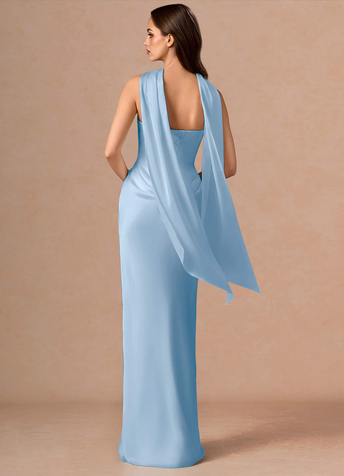 Valencia Scarf Lace-Up Stretch Satin Evening Dress in Haze blue