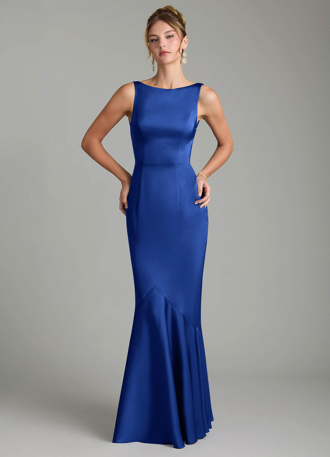 Tamera Mermaid Boat-Neck Stretch Satin and Chiffon Bridesmaid Dress in Royal Blue