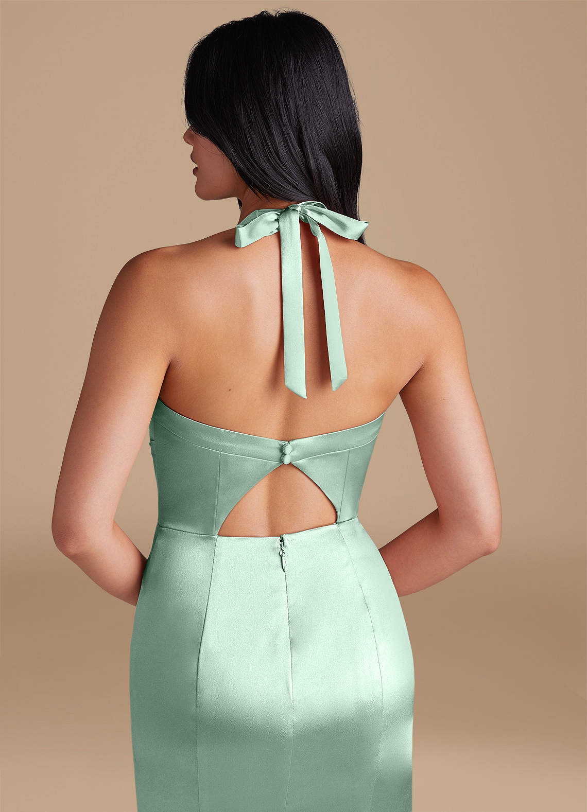 Emeria Sheath Halter Metallic Satin Bridesmaid Dress in Agave