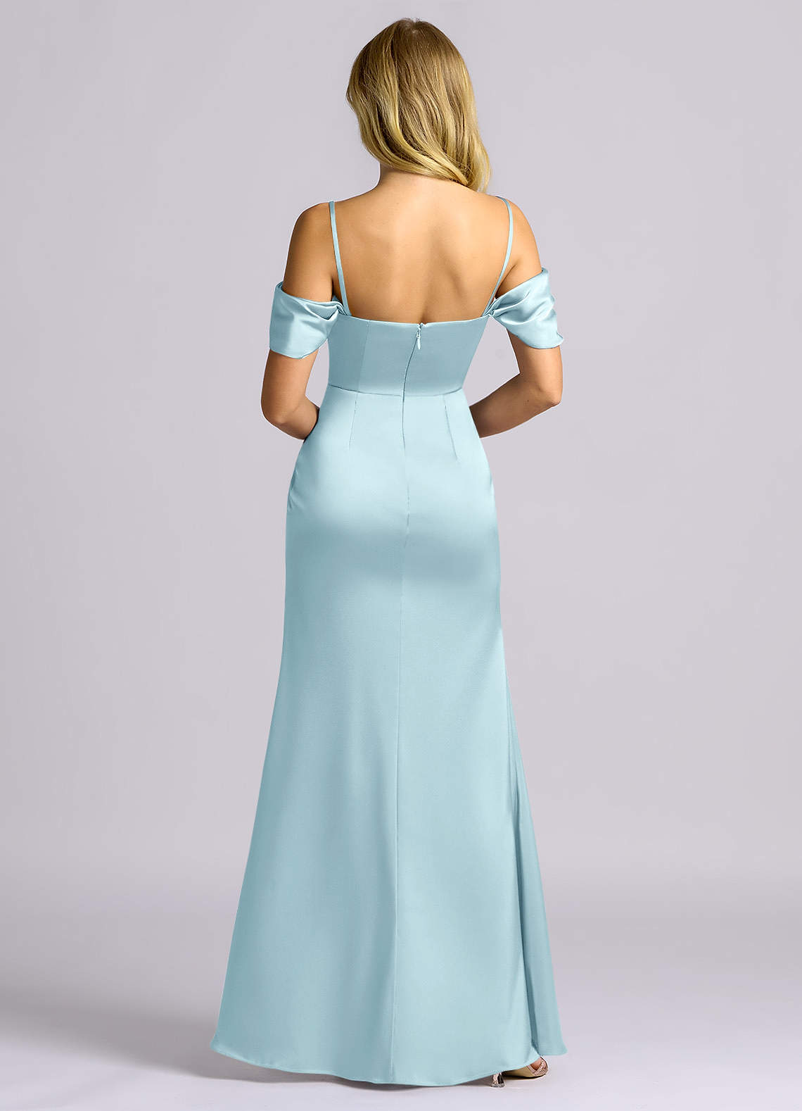 Auden Sheath Off-the-Shoulder Stretch Satin Bridesmaid Dress in Cloud Blue