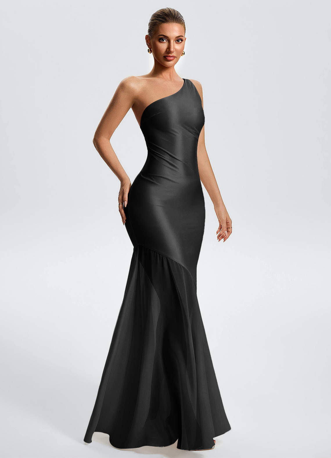 Idalia White Mermaid One-Shoulder Chiffon-Overlay Evening Dress in Black