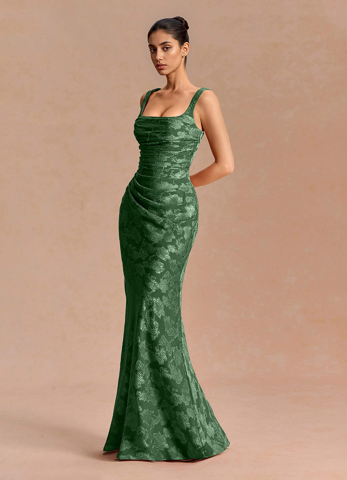 Agustina Square-Neck Pleated Fil Coupé Evening Dress in Eucalyptus