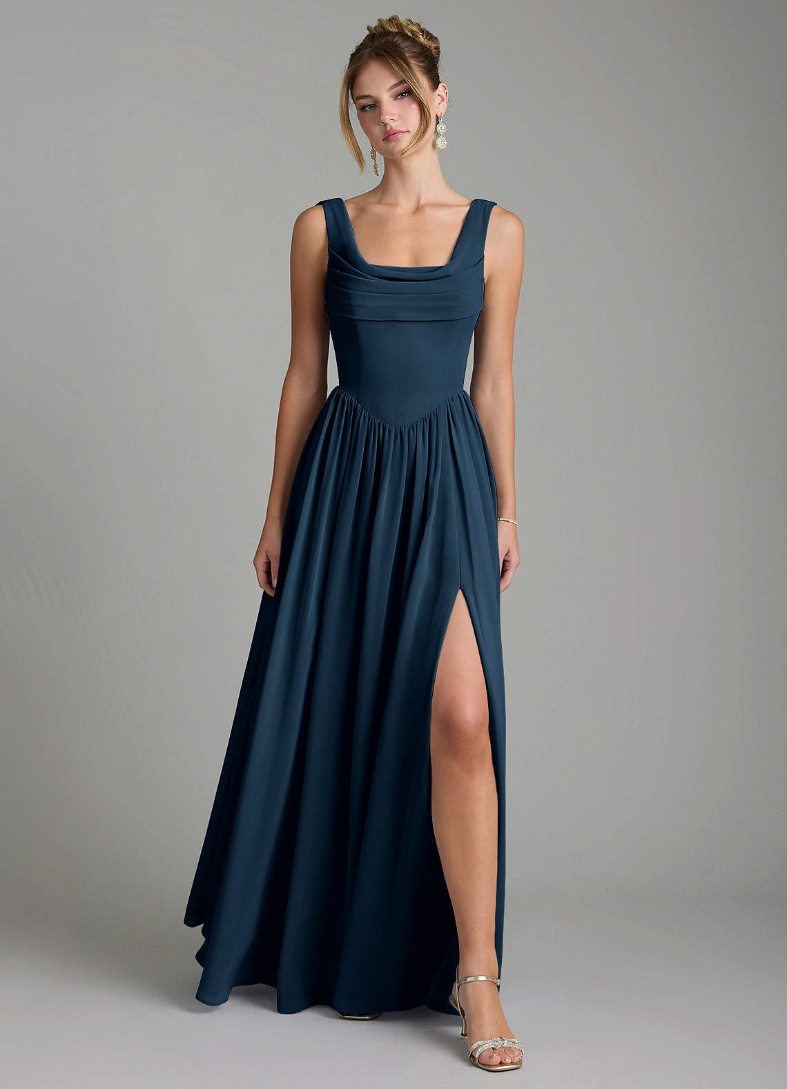 Novi A-Line Square-Neck Chiffon Bridesmaid Dress in Dark Navy