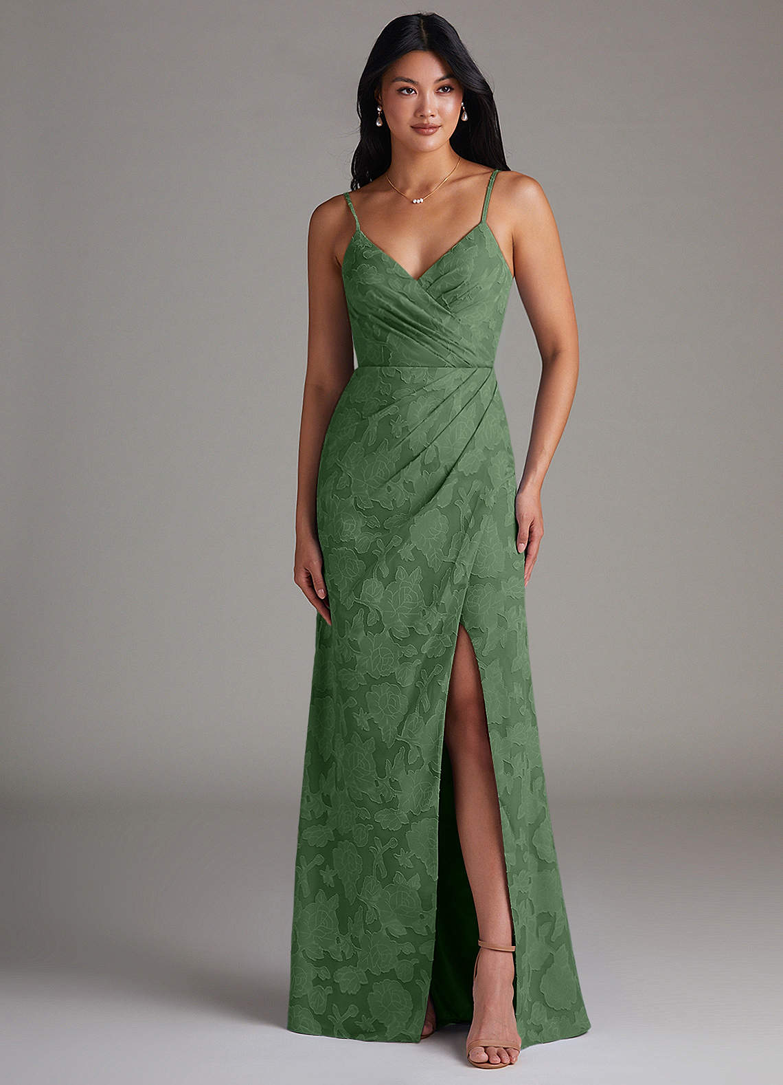 Maci Sheath V-Neck Floral Burnout Bridesmaid Dress in Eucalyptus