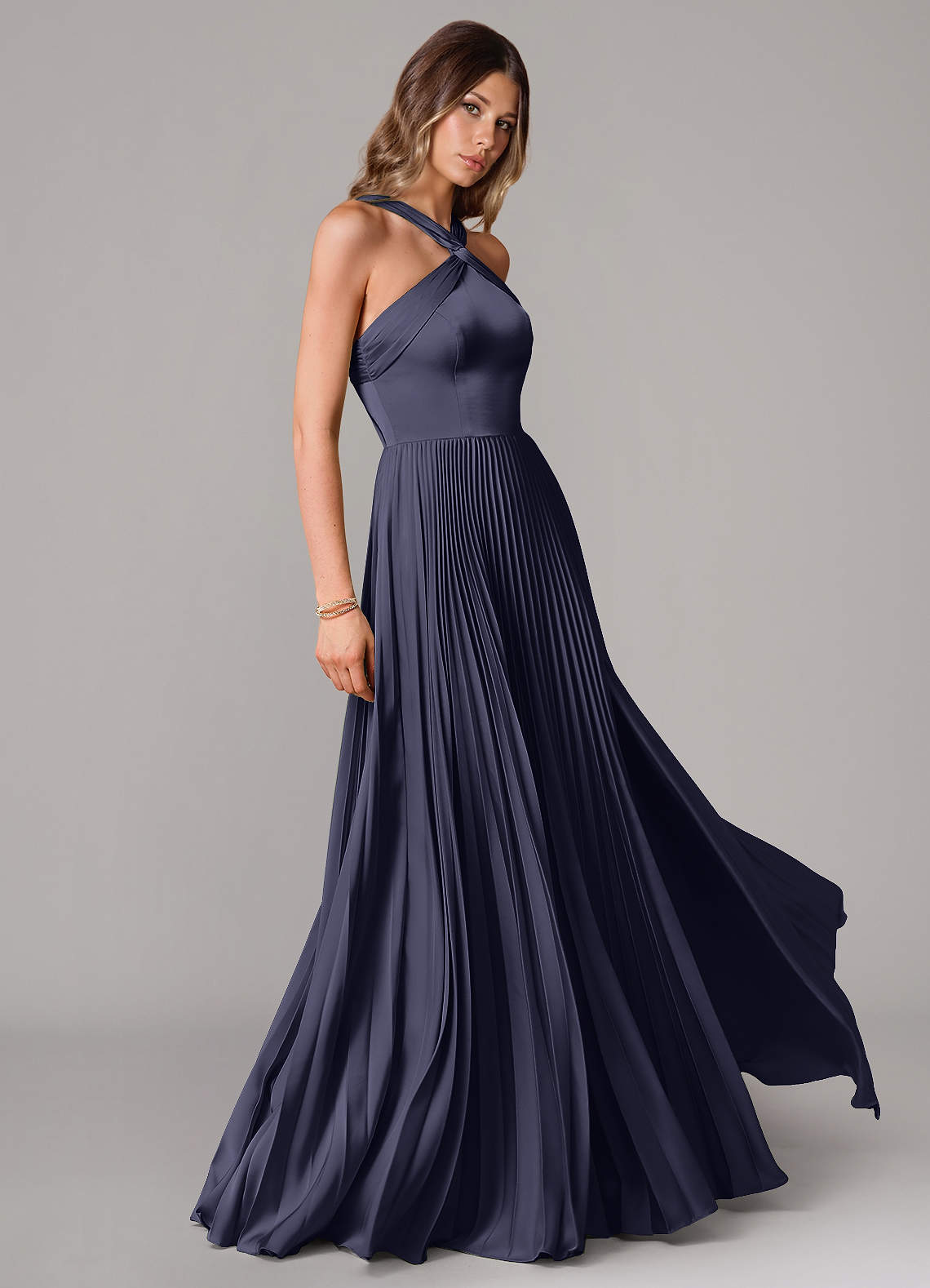 Afra A-Line Halter-Neck Stretch Satin Bridesmaid Dress in Stormy