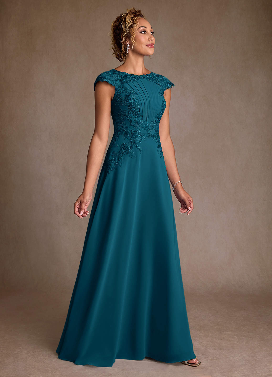 Christi A-Line Scoop-Neck Chiffon and Lace Mother of the Bride Dress in Ink Blue