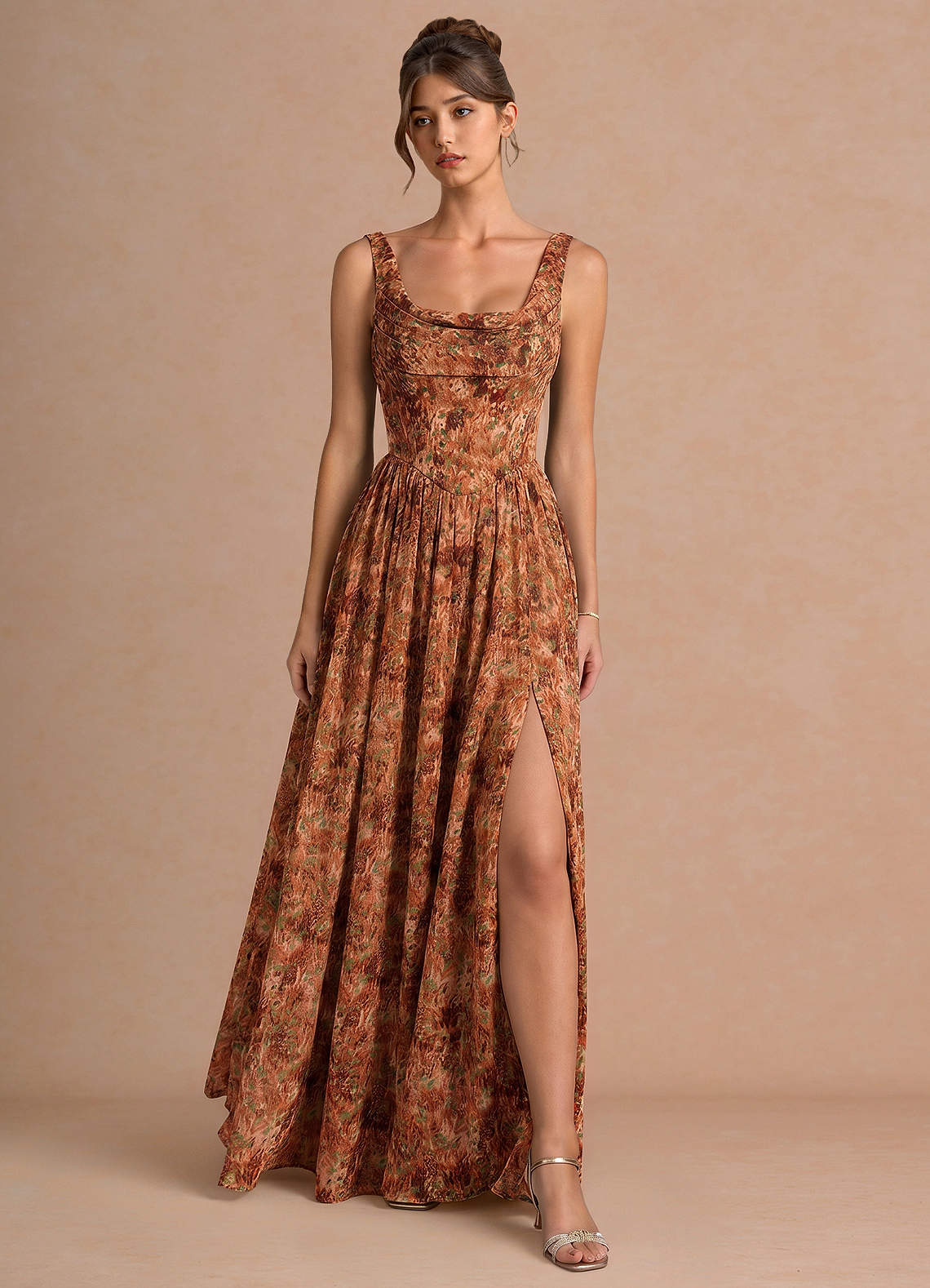 Aurore A-Line Cowl-Neck Chiffon Wedding Guest Dress in Truffle