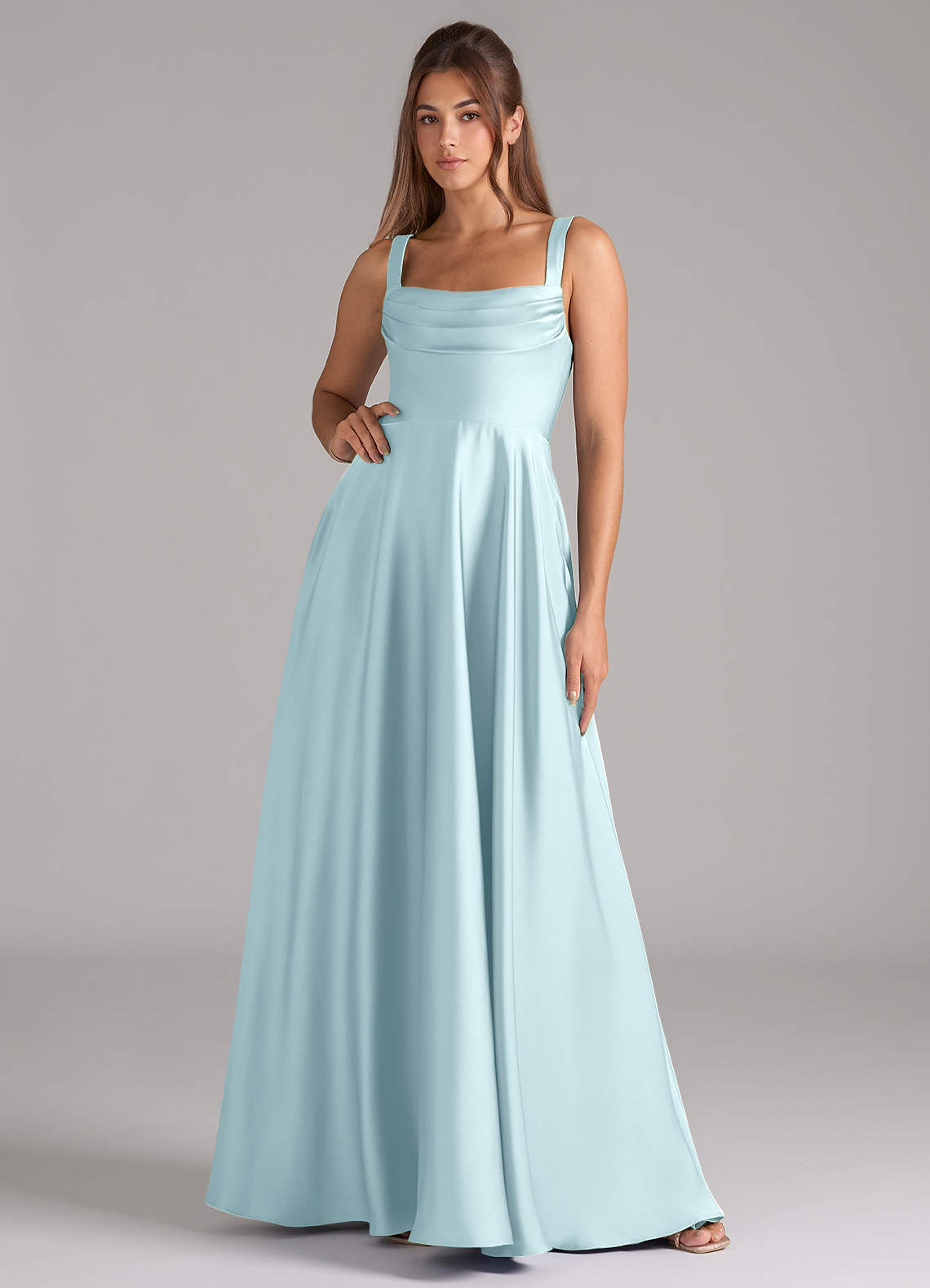 Shaude A-Line Square-Neck Stretch Satin Bridesmaid Dress in Cloud Blue