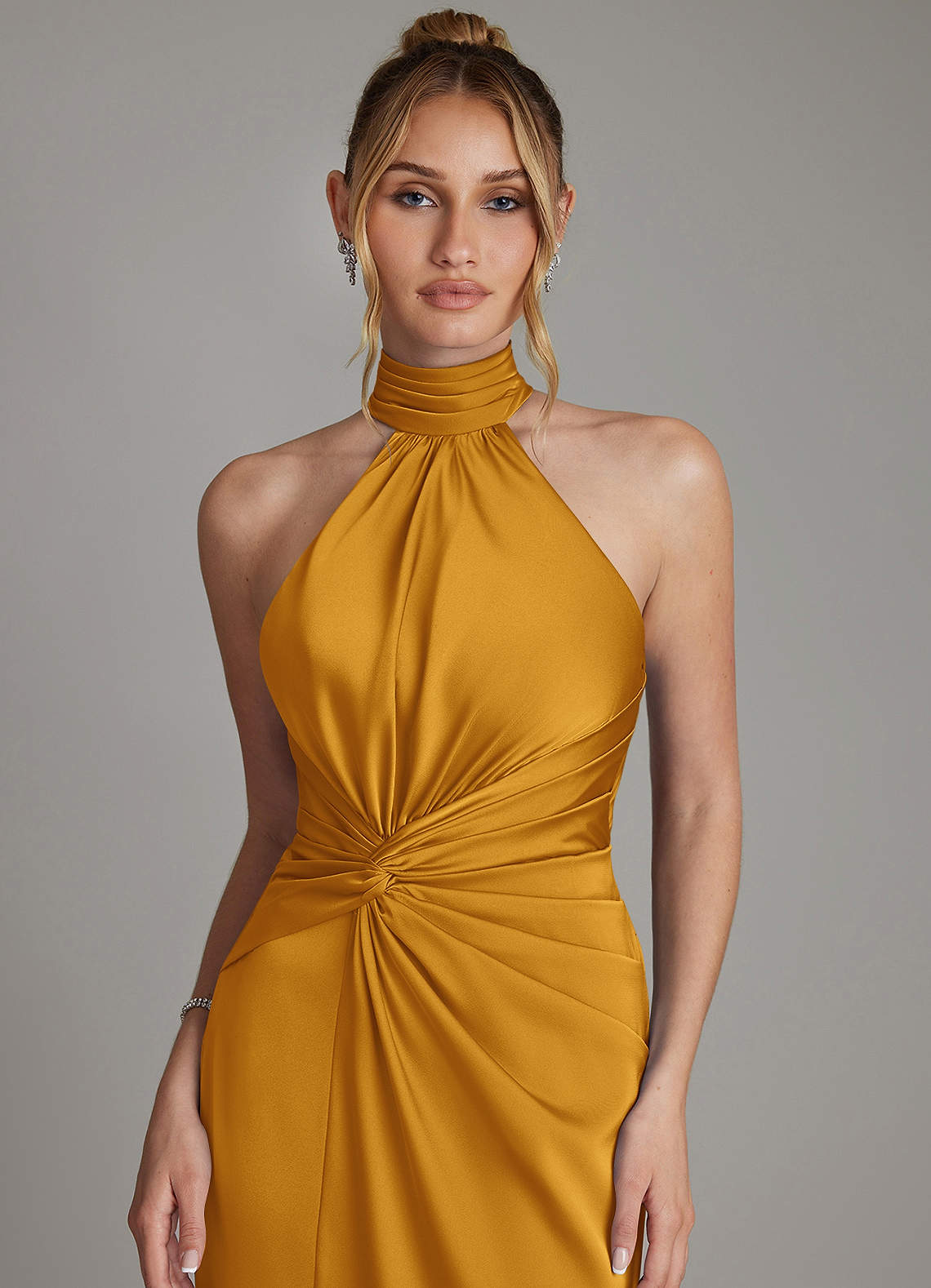 Gracelynn Sheath Halter Stretch Satin Bridesmaid Dress in butterscotch