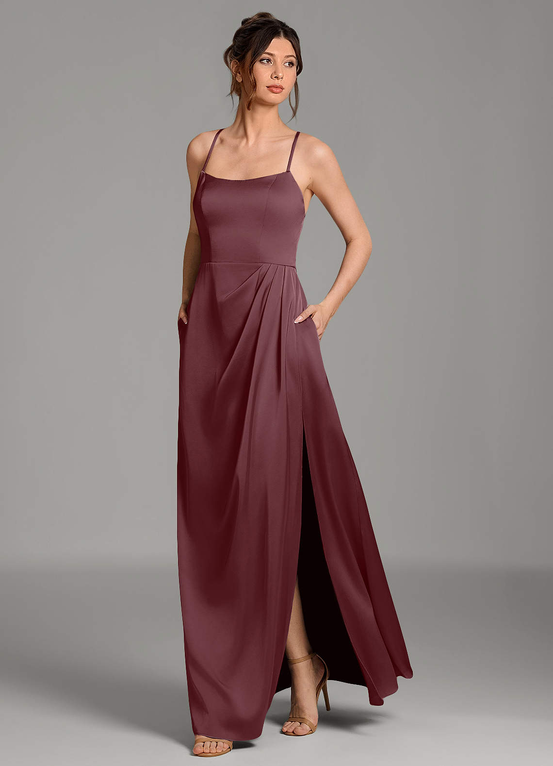 Frankie A-Line Scoop-Neck Stretch Satin Bridesmaid Dress in Sangria