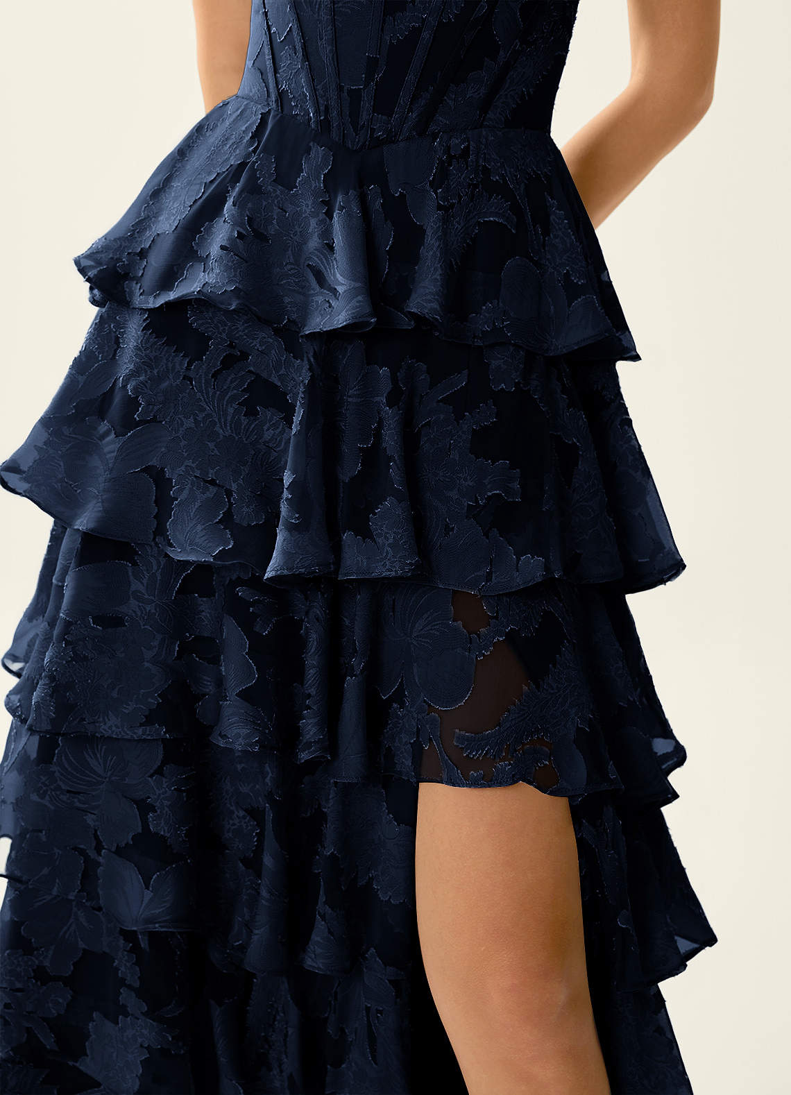 Wrenana A-Line Cowl-Neck Floral Burnout Evening Dress in Navy