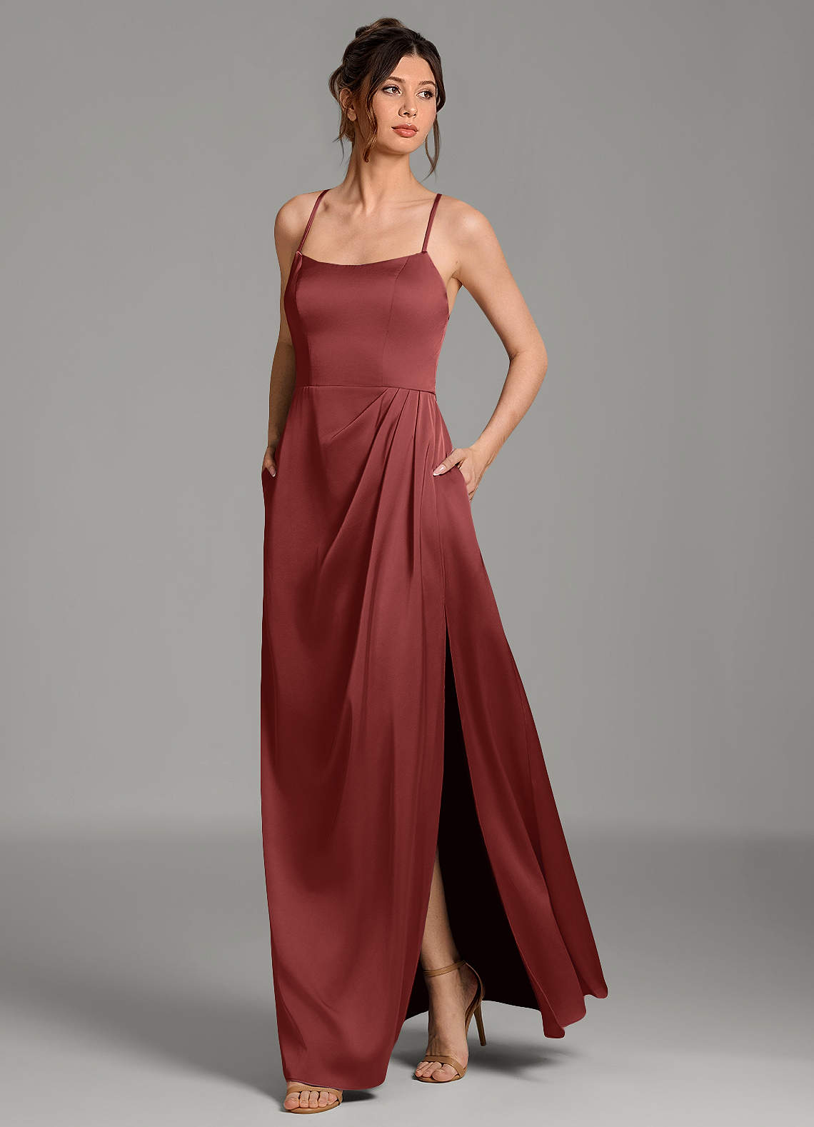 Frankie A-Line Scoop-Neck Stretch Satin Bridesmaid Dress in Terracotta