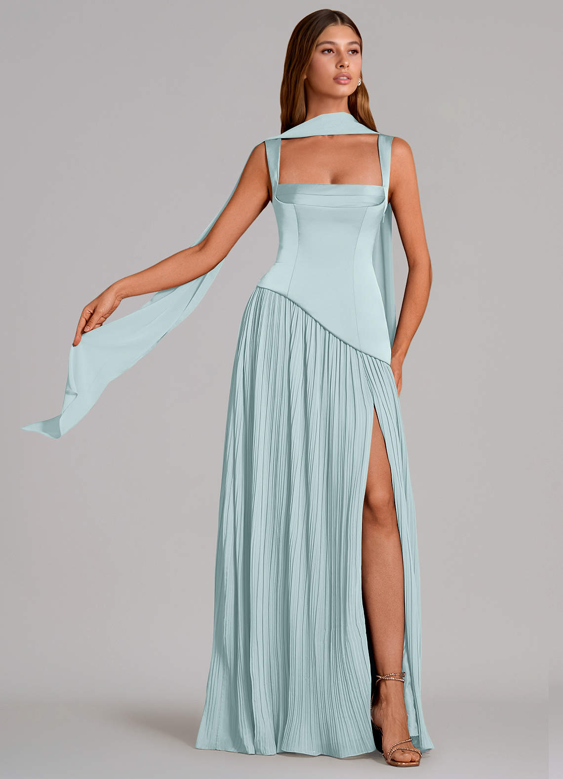 Stephanie A-Line Square-Neck Stretch Satin and Chiffon Bridesmaid Dress in Mist