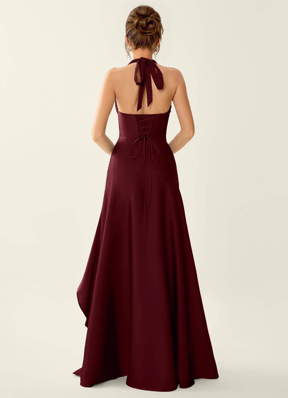 Titania Halter Asymmetric-Ruffle Satin Evening Dress in Wine