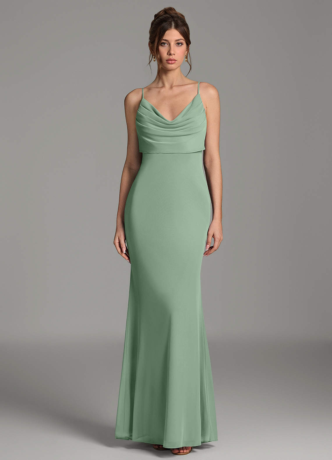 Zari Mermaid Cowl-Neck Mesh Bridesmaid Dress in Matcha