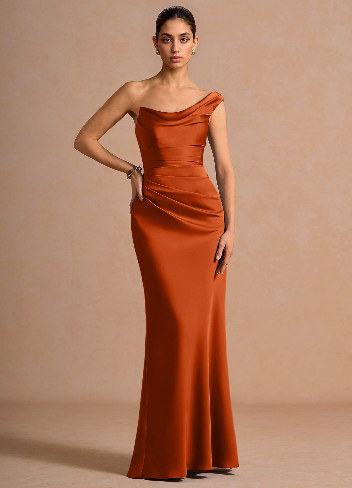 Cassiopeia One-Shoulder Draped Stretch Satin Evening Dress in Rust
