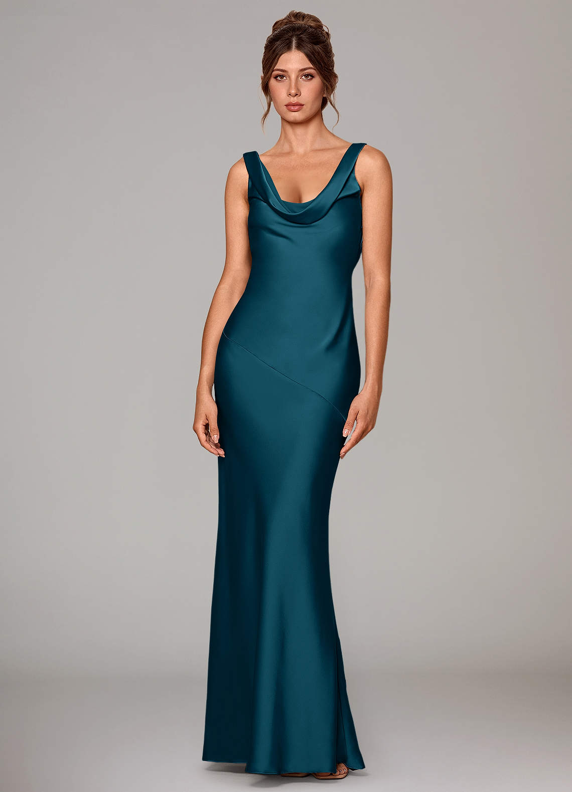 Rylina Mermaid Cowl-Neck Stretch Satin Bridesmaid Dress in Ink Blue