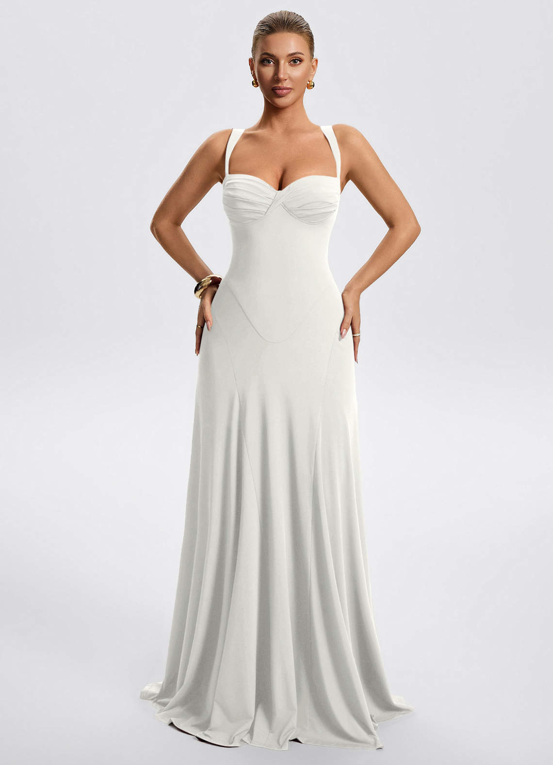 Zephira Fitted Sweetheart Godet Stretch Jersey Wedding Guest Dress in white