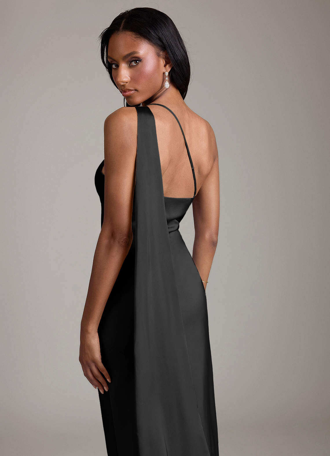 Juniper Mermaid One-Shoulder Stretch Satin Bridesmaid Dress in black