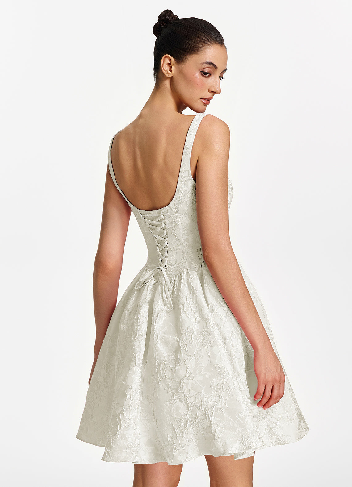 Lionelle Skater Mini Square-Neck Jacquard Prom Dress in White - photo 2