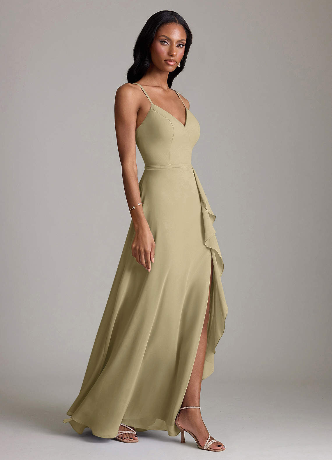 Naeem A-Line V-Neck Chiffon Bridesmaid Dress in Moss Green
