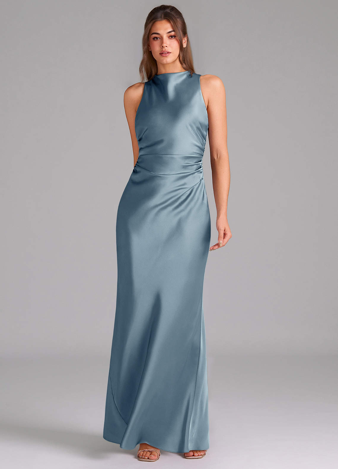 Evadne Sheath Scoop-Neck Stretch Satin Bridesmaid Dress in dusty blue