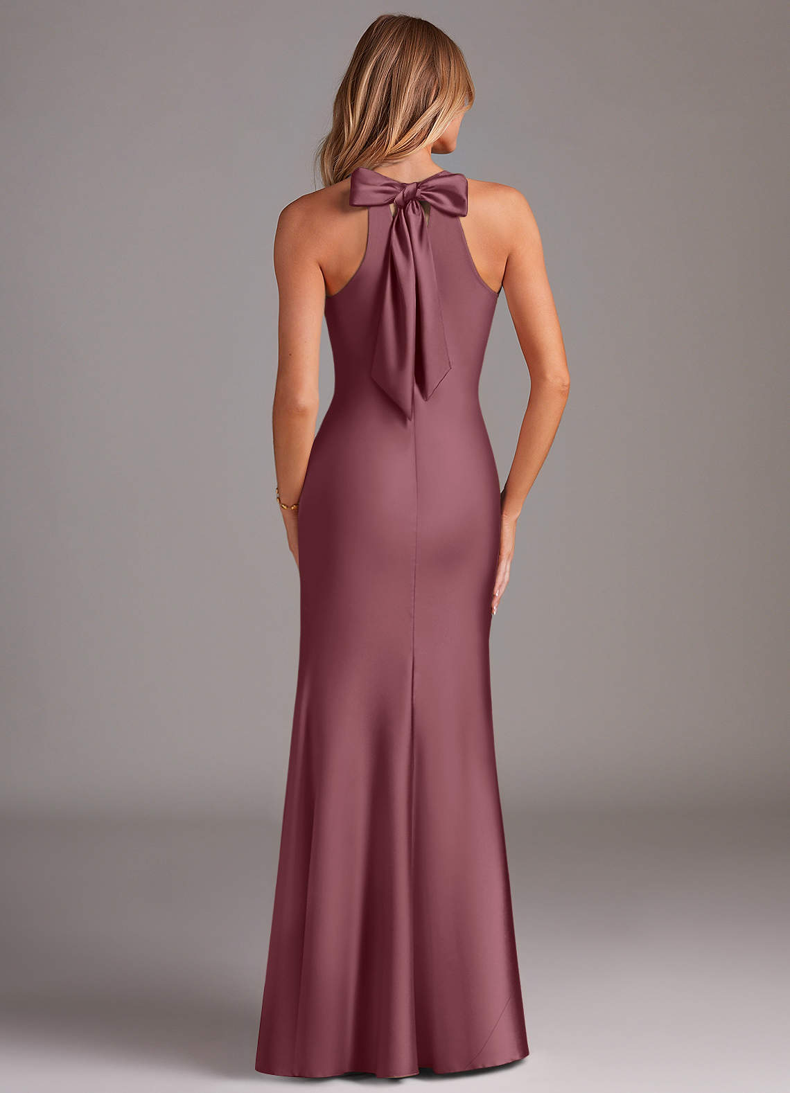 Doretta Mermaid Halter Stretch Satin Bridesmaid Dress in Desert Rose