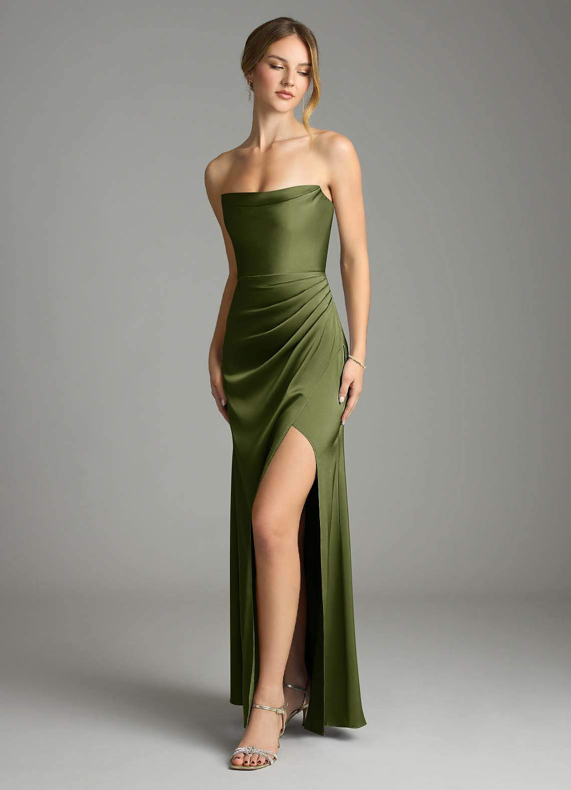 Leonis Mermaid Cowl-Neck Stretch Satin Bridesmaid Dress in Olive