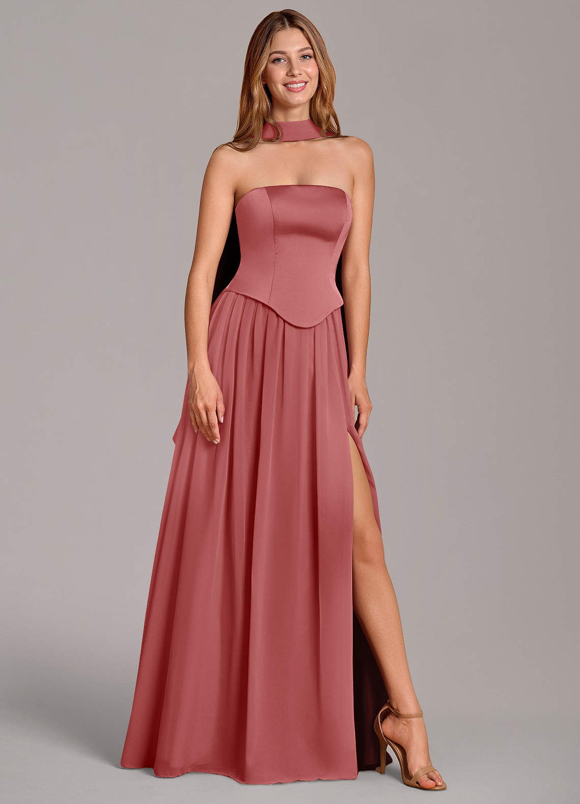 Cadence A-Line Strapless Chiffon and Stretch Satin Bridesmaid Dress in Antique Rose