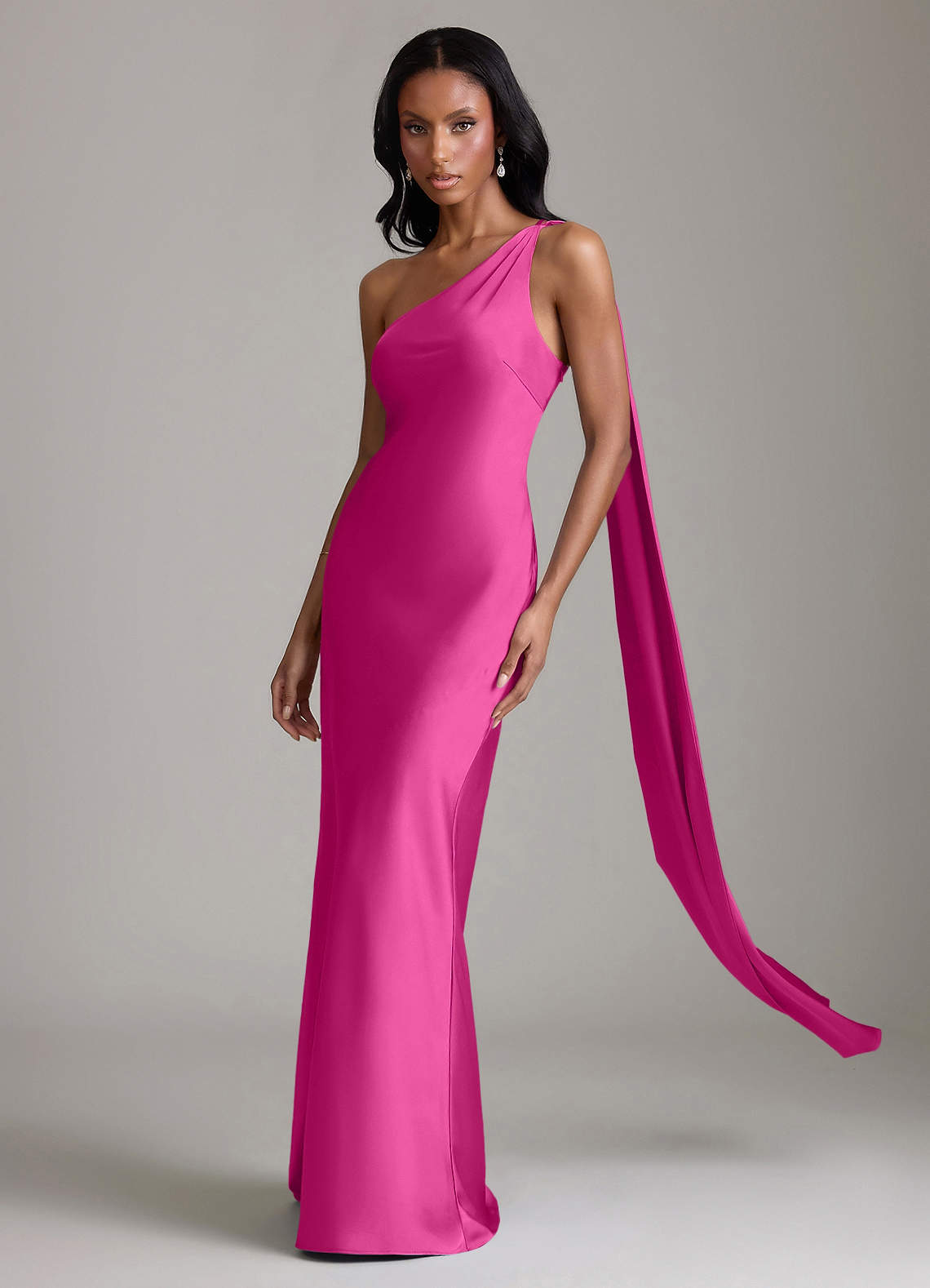 Juniper Mermaid One-Shoulder Stretch Satin Bridesmaid Dress in Fuchsia