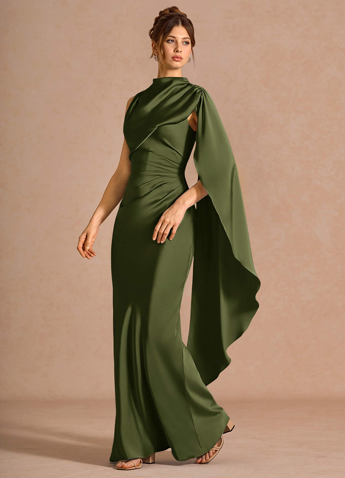 Chesney Cape-Sleeve Pleated Stretch Satin Wedding Guest Dress in Dusty Blue