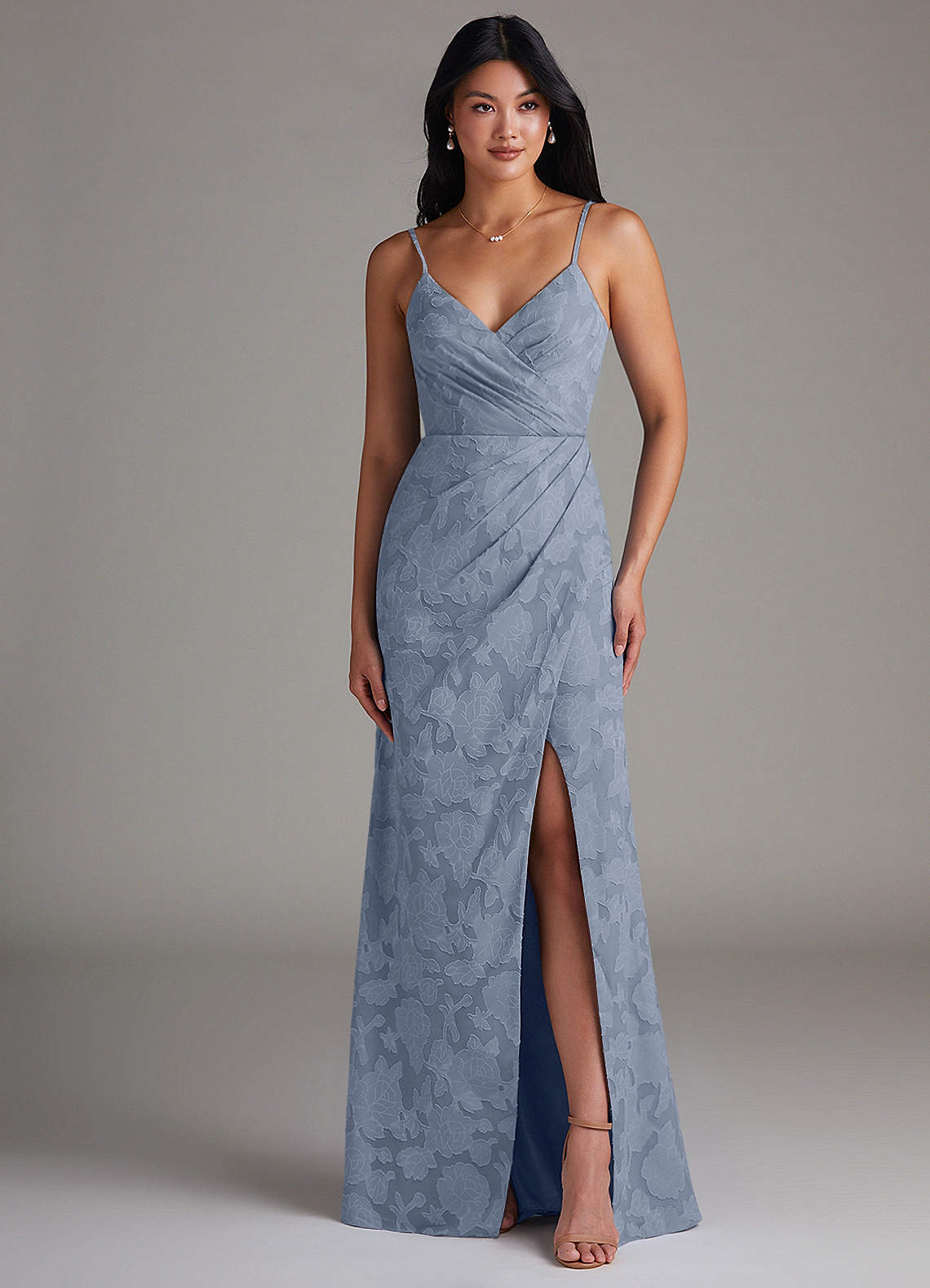 Maci Sheath V-Neck Floral Burnout Bridesmaid Dress in dusty blue