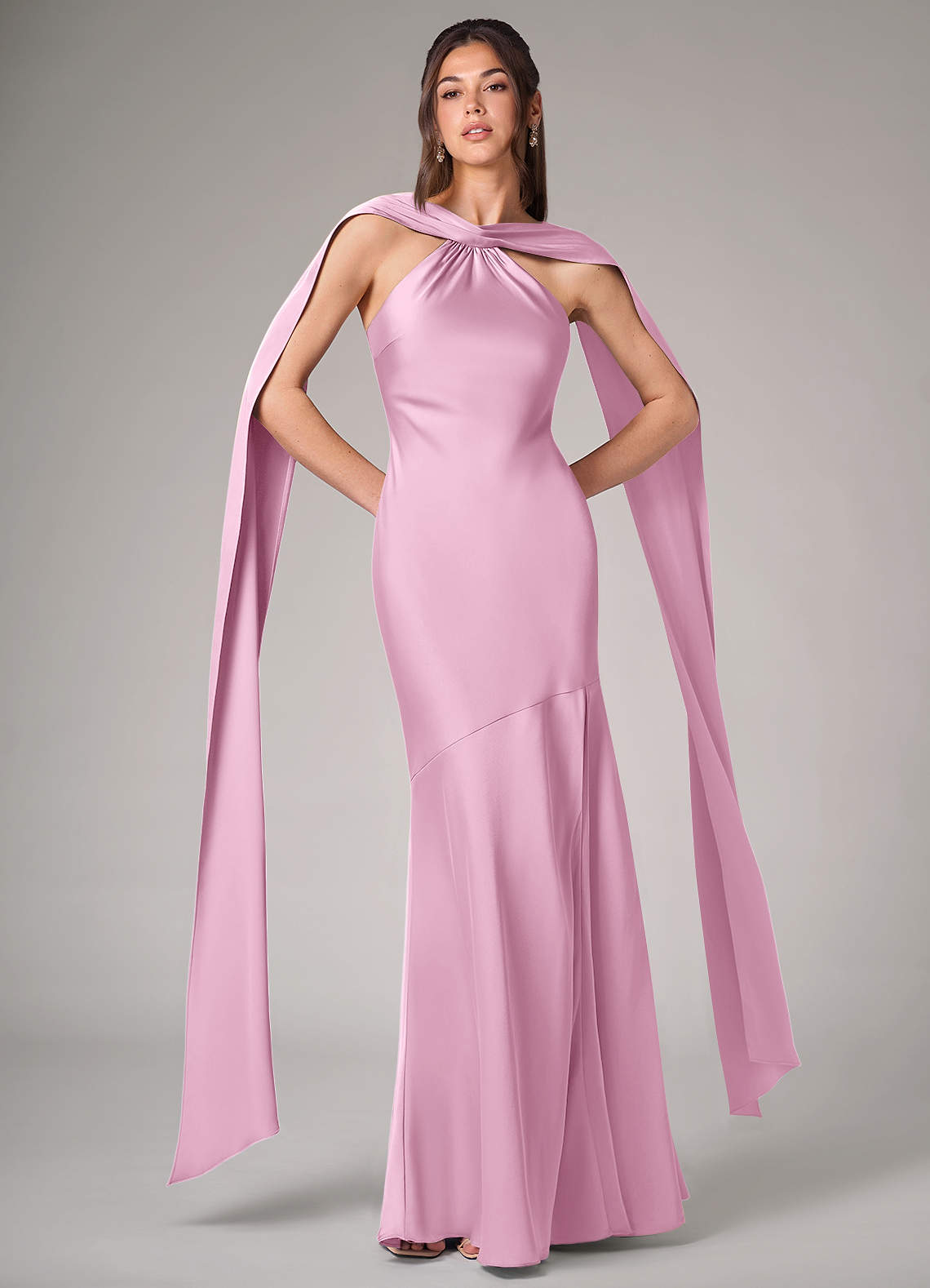 Kinsley Mermaid Halter Stretch Satin Bridesmaid Dress in candy pink