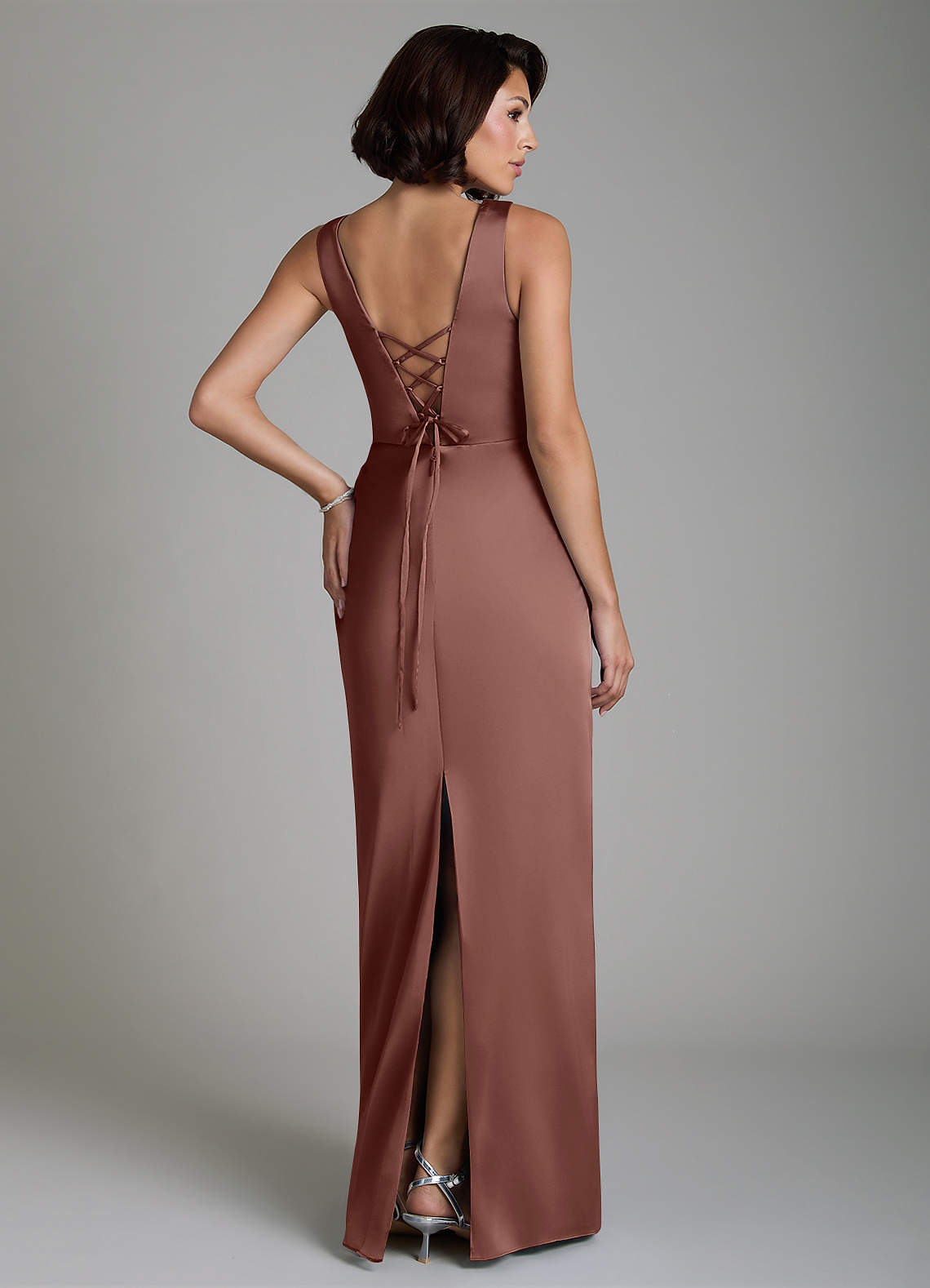 Vanya Sheath V-Neck Stretch Satin Bridesmaid Dress in Espresso