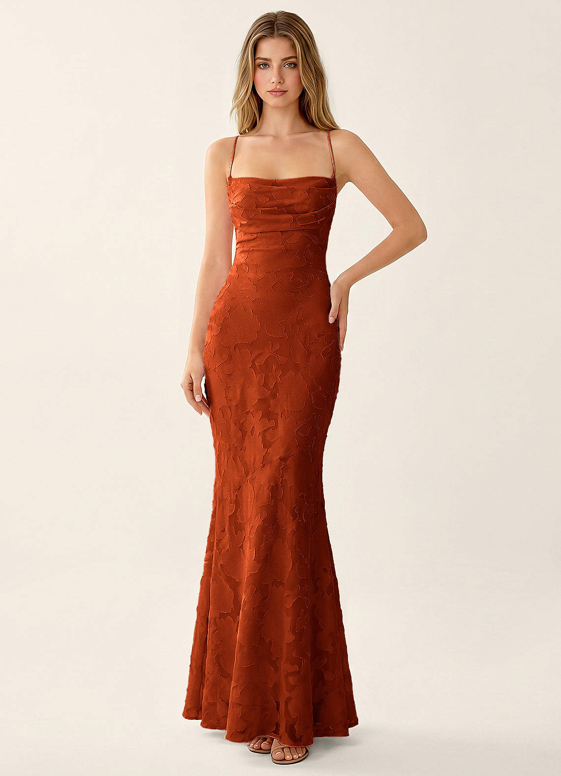 Natasha Mermaid Spaghetti-Strap Floral Burnout Evening Dress in Paprika