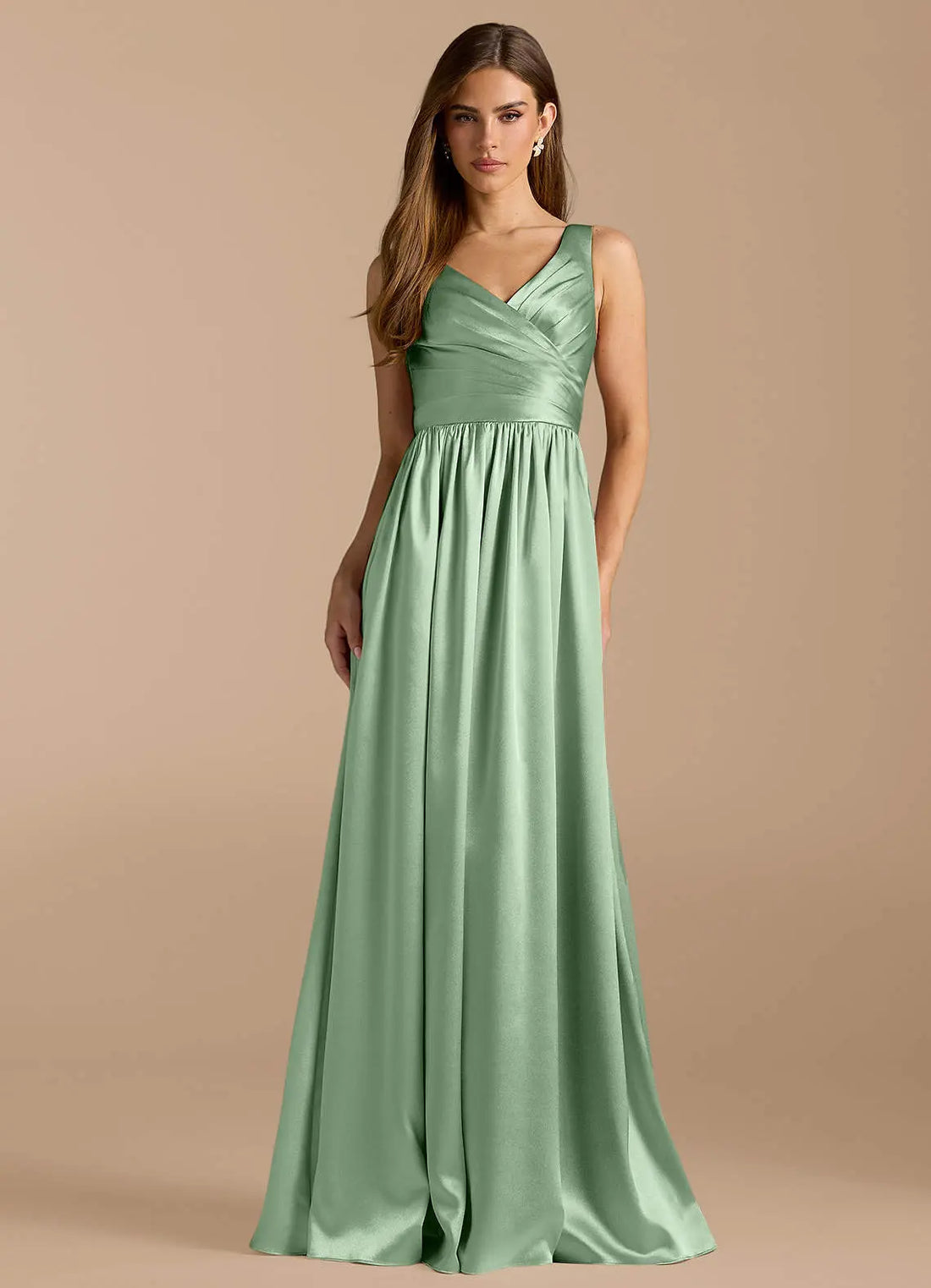 Keyla A-Line V-Neck Metallic Satin Bridesmaid Dress in Matcha