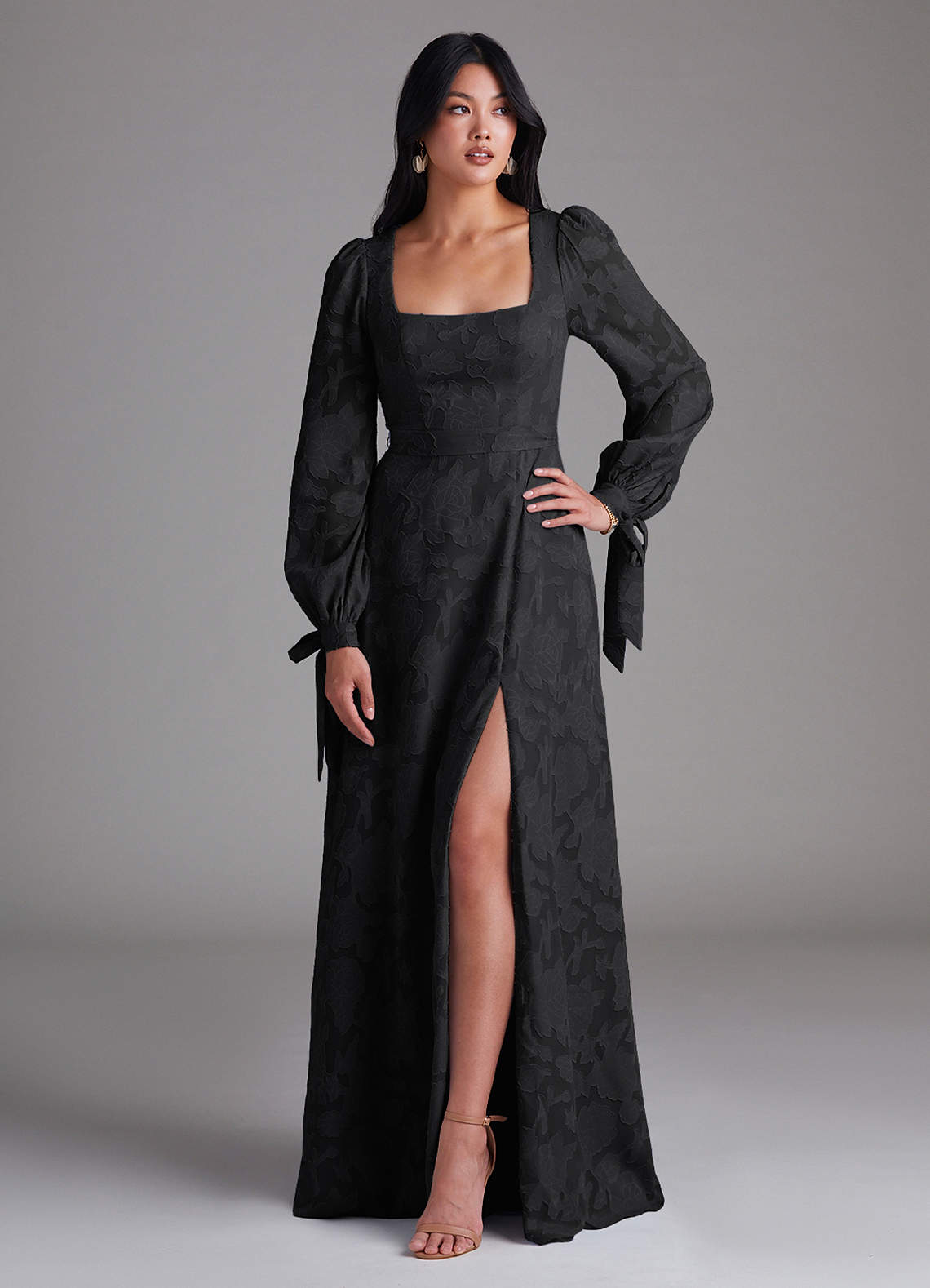 Leonia A-Line Square-Neck Stretch Satin Bridesmaid Dress in black