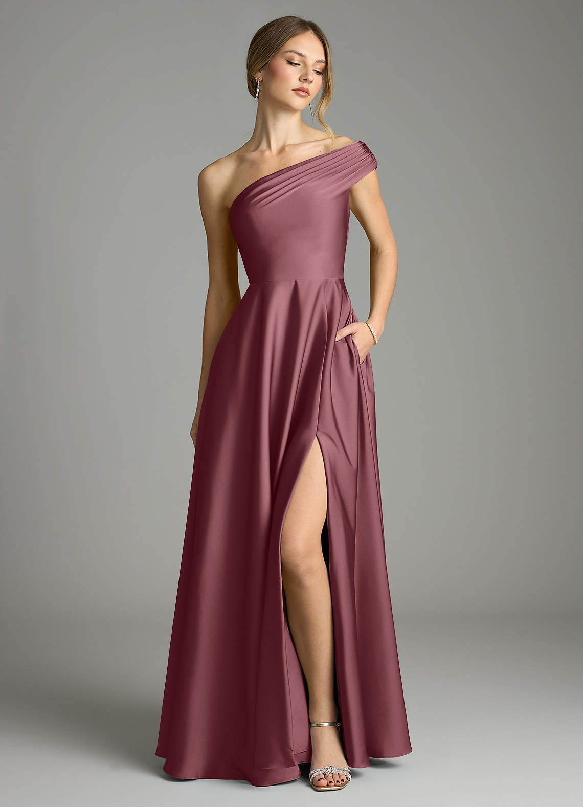 Melanie A-Line One-Shoulder Stretch Satin Bridesmaid Dress in Desert Rose