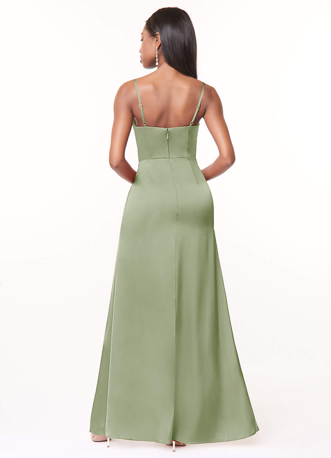 Maci A-Line V-Neck Stretch Satin Bridesmaid Dress in Dusty Sage