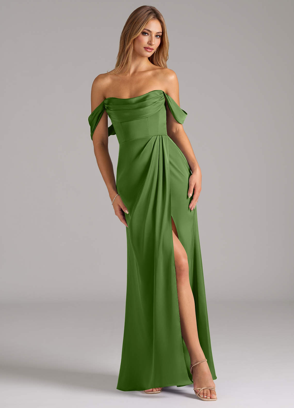 Johana Mermaid Off-the-Shoulder Stretch Satin Bridesmaid Dress in Basil