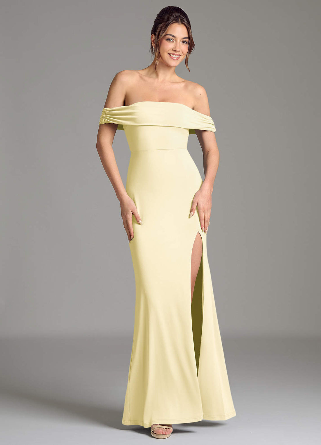 Evangelia Mermaid Off-the-Shoulder Stretch Jersey Bridesmaid Dress in Lemon Sorbet