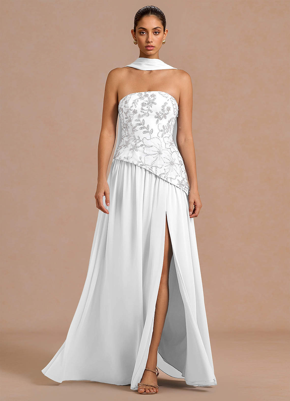 Galatea Sky Blue A-Line Floral Chiffon Evening Dress in White