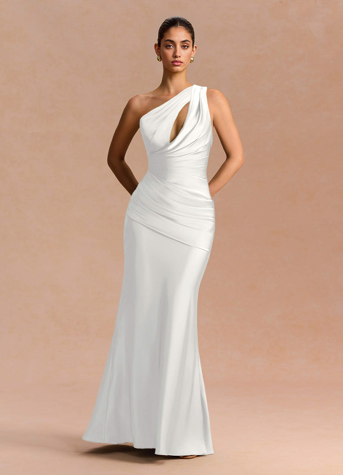 Guinevere One-Shoulder Cutout Stretch Satin Evening Dress in Dusty Blue