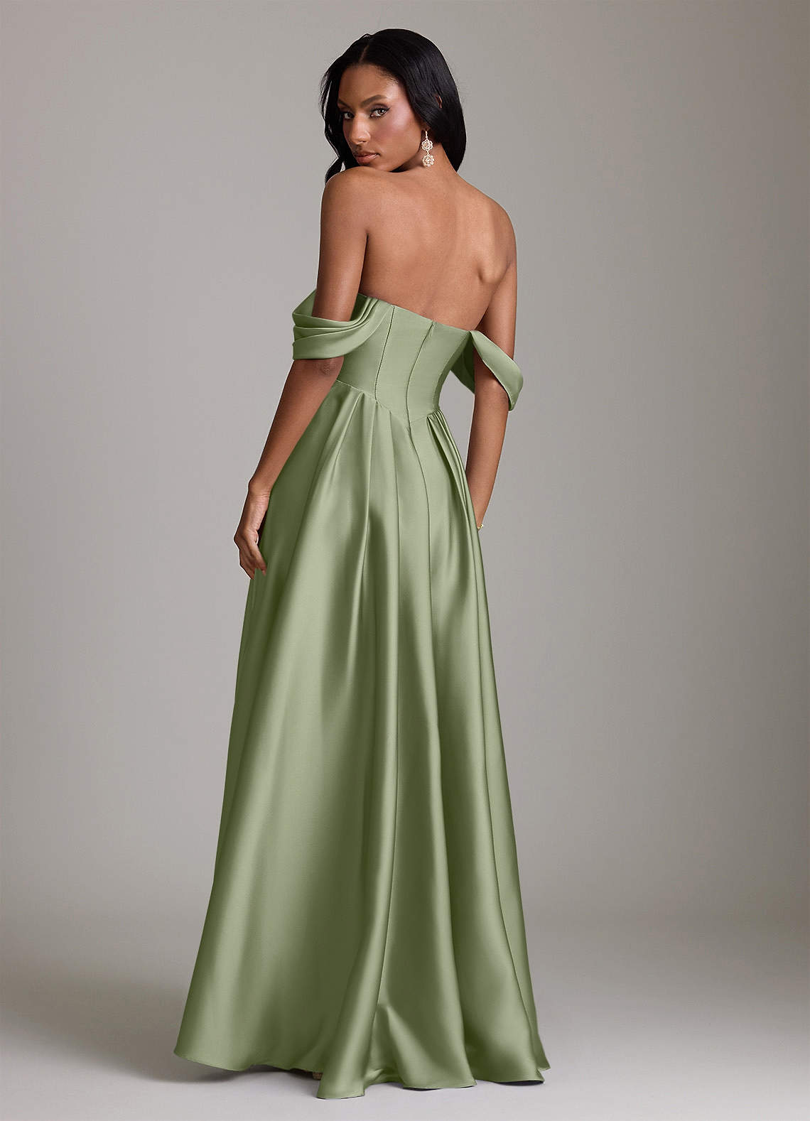 Loisa A-Line Off-the-Shoulder Stretch Satin Bridesmaid Dress in Pistachio