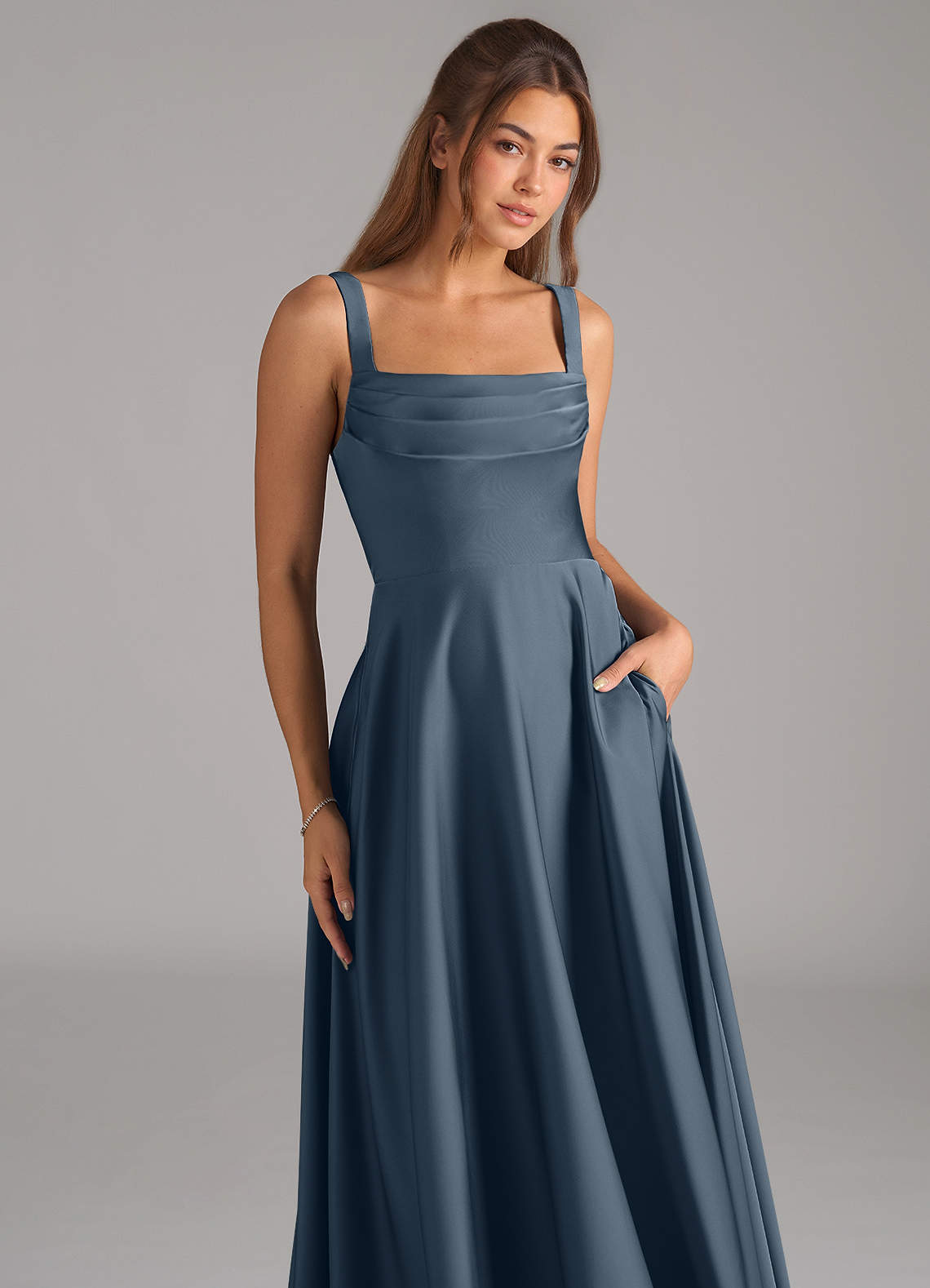 Shaude A-Line Square-Neck Stretch Satin Bridesmaid Dress in Twilight
