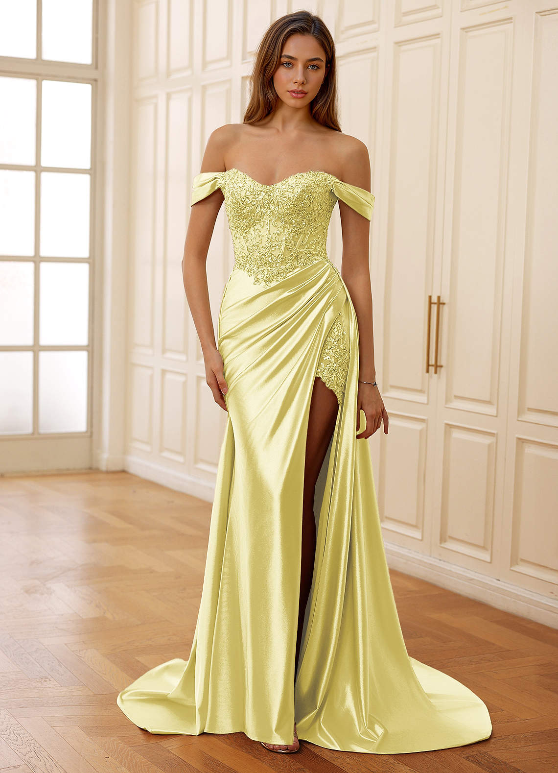 Rowane A-Line Off-the-Shoulder Satin Evening Dress in Yellow