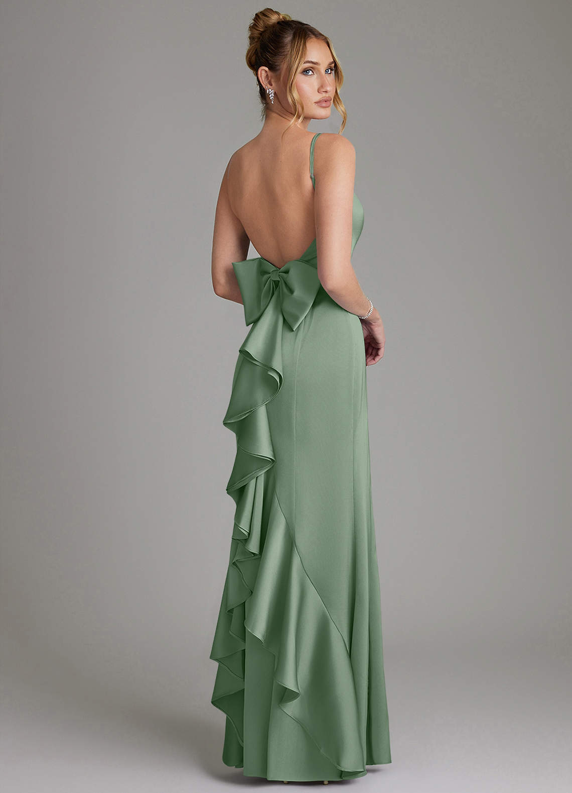 Zherra Mermaid Scoop-Neck Stretch Satin Bridesmaid Dress in Matcha