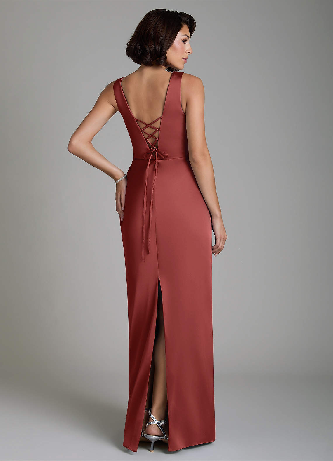 Vanya Sheath V-Neck Stretch Satin Bridesmaid Dress in Terracotta