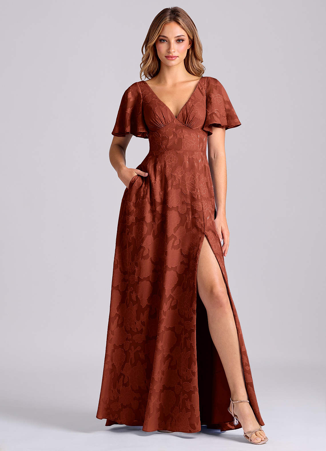 Kimber A-Line V-Neck Floral Burnout Bridesmaid Dress in Terracotta